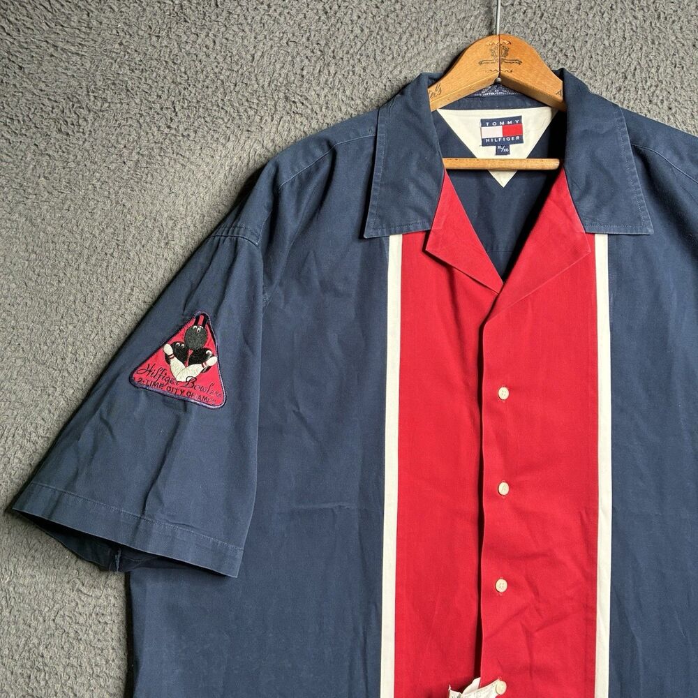 VTG Tommy Hilfiger Bowling Shirt Men's XL Blue Colorblock Bowlers Patch Boxy Fit